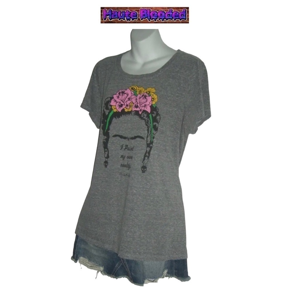 Frida Kahlo Tee Shirt Plus Size Mexican Painter Artist Gray Flowers Sz XXL 2X 2 - Picture 3 of 9